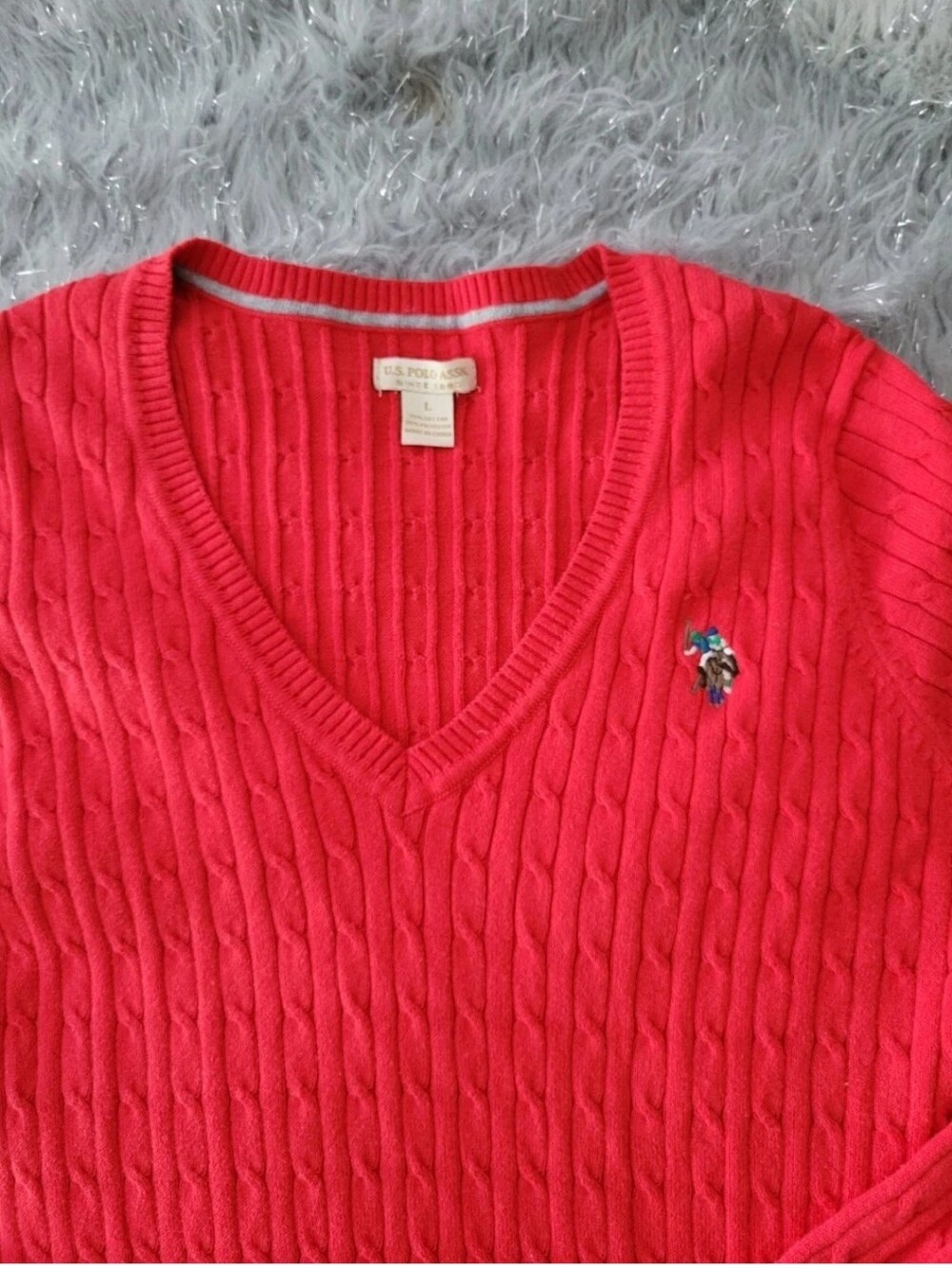 Vintage V Neck Womens Red US Polo Assn Chunky Cable Knit Sweater L Flesh Pony